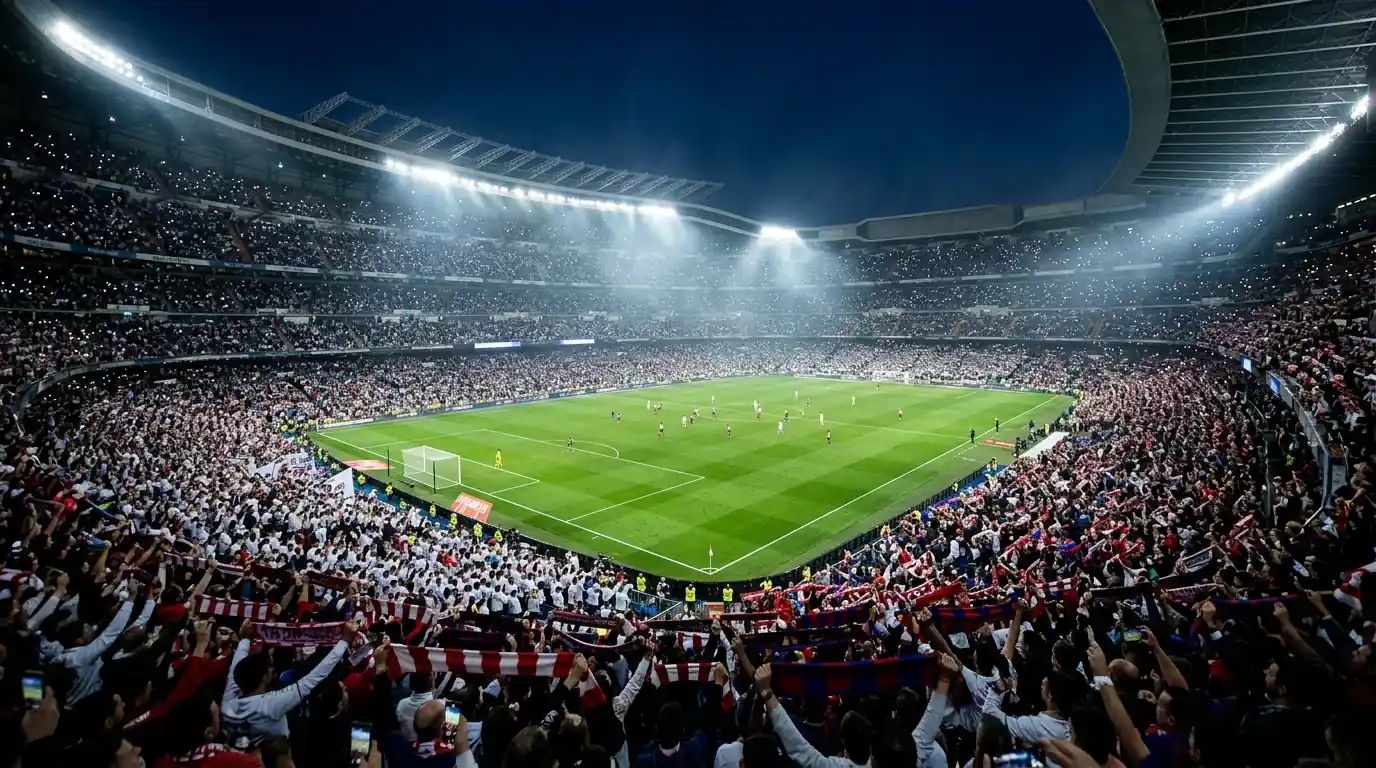 Estadio iluminado en una noche de Clásico entre Real Madrid y Barcelona