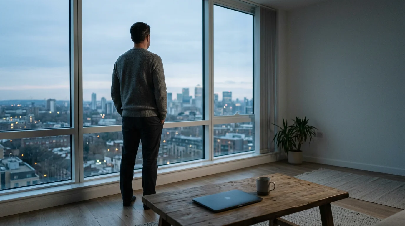 Persona mirando por la ventana con expresión reflexiva, concepto de juego responsable